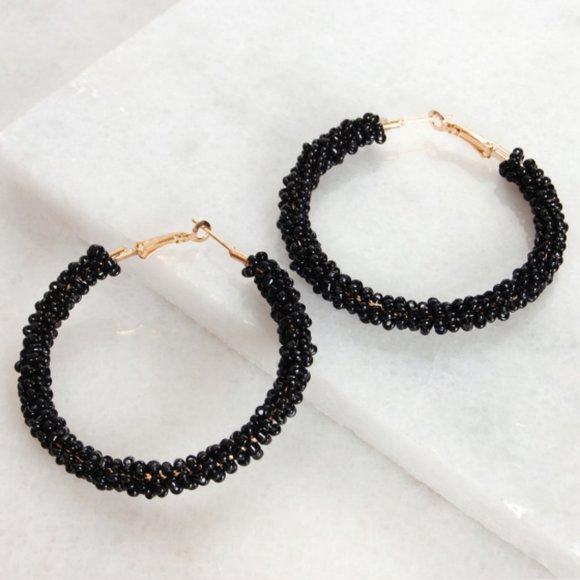 Black Beaded Hoop Earrings - Picture 4 of 4